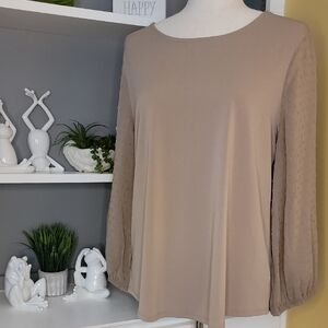 Adrianna Papell Beige Blouse with Sheer Sleeves